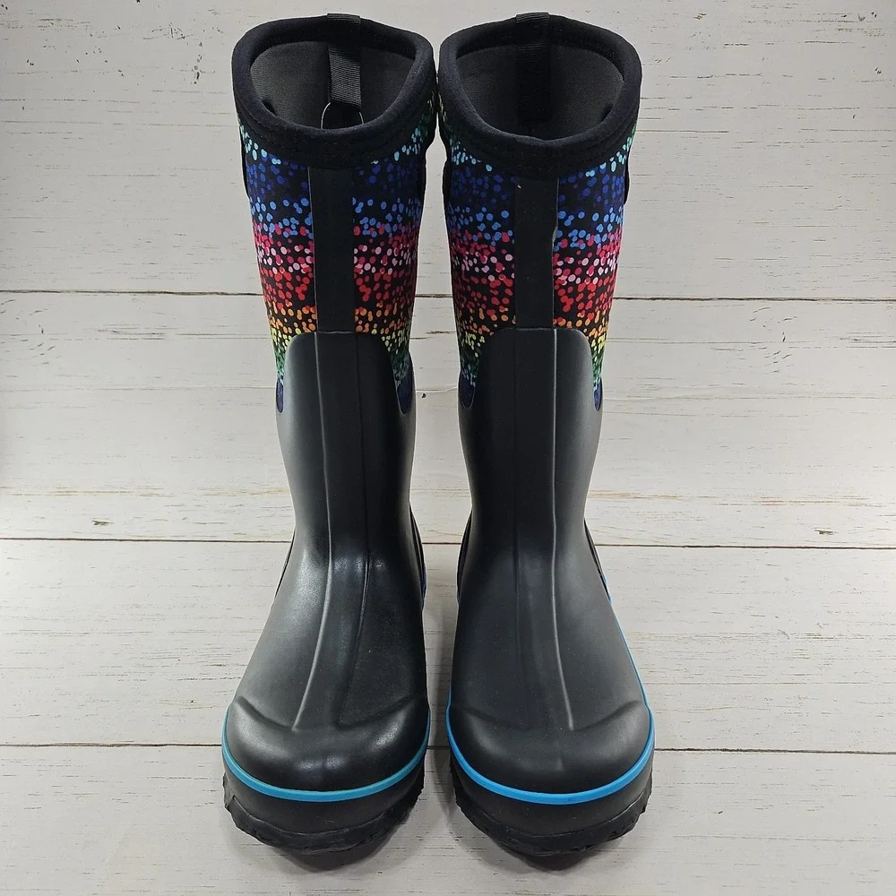 Bogs Womens Classic Rainbow Dots Black Size 6 High Farm Boots Waterproof Pull On